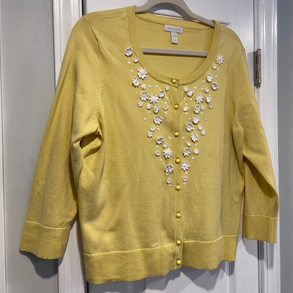 Charter Club Size L Yellow White Daisy Embellished Button Front Cardigan - Picture 6 of 12